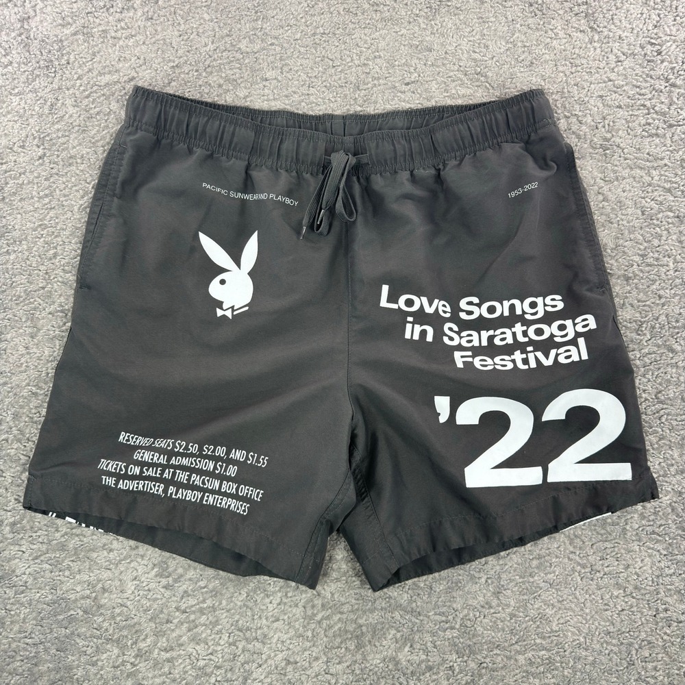 Playboy x PacSun Mens Black Love Songs in Saratoga Festival Swim Trunks Size L